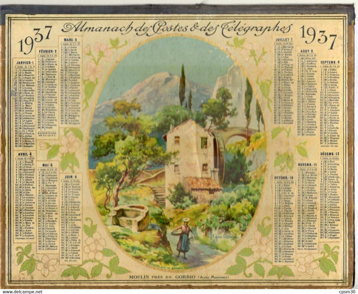 CALENDRIER GF 1937 - Moulin Près De Gorbio (Alpes Mme) Dans Un Médaillon, Imprimeur Oberthur Rennes (calendrier Double) - Big : 1921-40