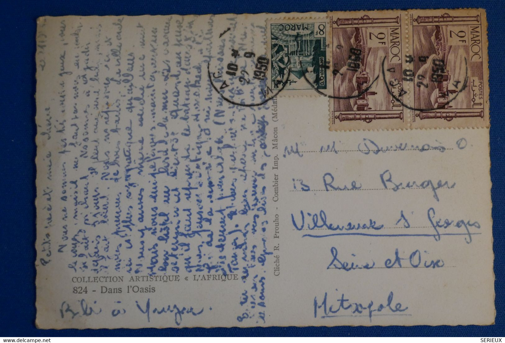 M8 MAROC BELLE CARTE  1950 AGADIR POUR VILLENEUVE FRANCE+ OASIS +PAIRE DE  T.P+ AFFRANCH.INTERESSANT - Brieven En Documenten