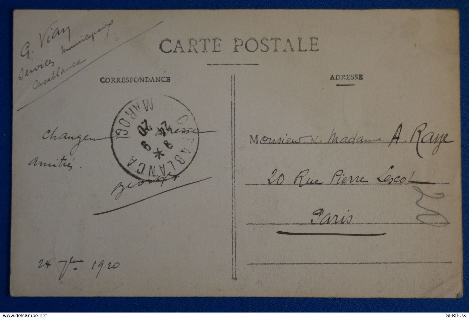 M8 MAROC BELLE CARTE 1926 CASABLANCA POUR PARIS+ SURCHARGE+ AFFRANCH.INTERESSANT - Lettres & Documents