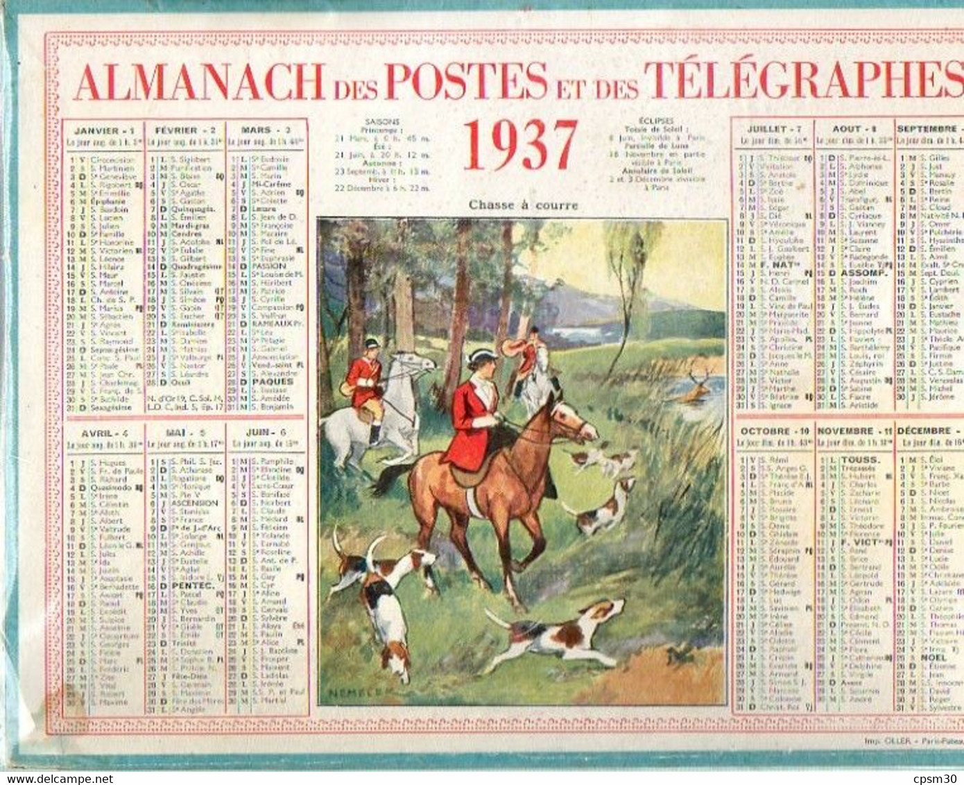 CALENDRIER GF 1937 - Chasse à Courre, Dessin De Nemelek, Imprimeur Oller - Groot Formaat: 1921-40