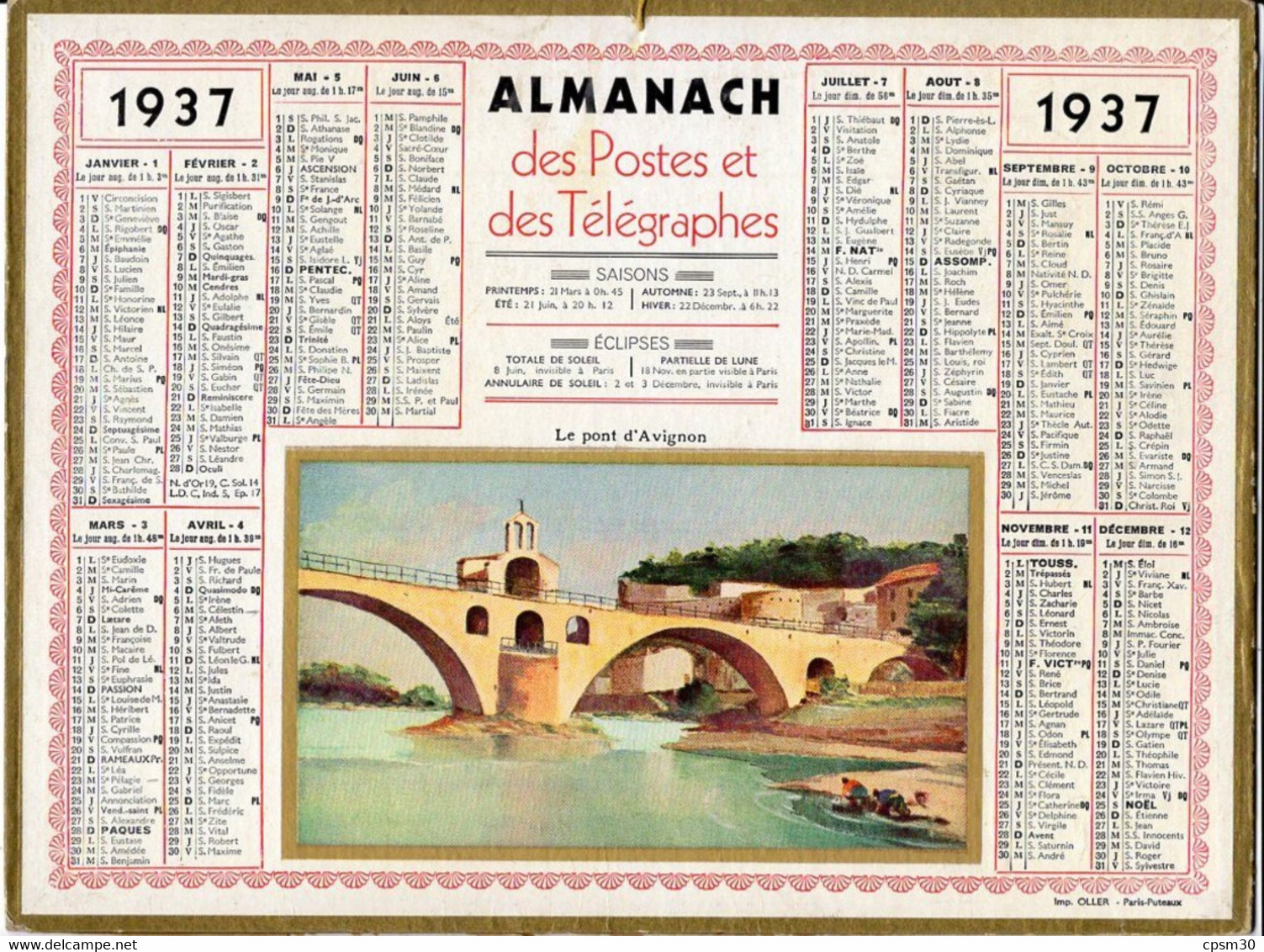 CALENDRIER GF 1937 - Le Pont D'Avignon, Dessin Sans Signature, Imprimeur Oller Puteaux - Grand Format : 1921-40