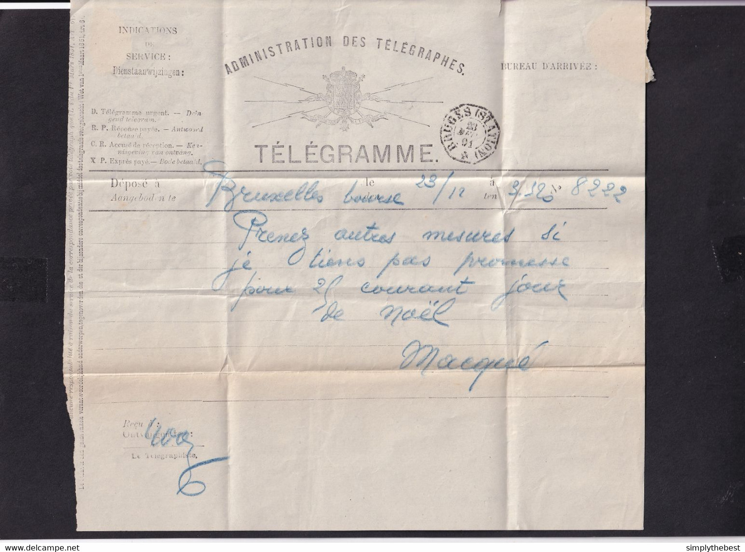 DDY 810 --  Formule De Télégramme BXL Vers Télégraphique BRUGES Station 1891 - Pour Directeur Ponts Et Chaussées BRUGES - Telegraph [TG]