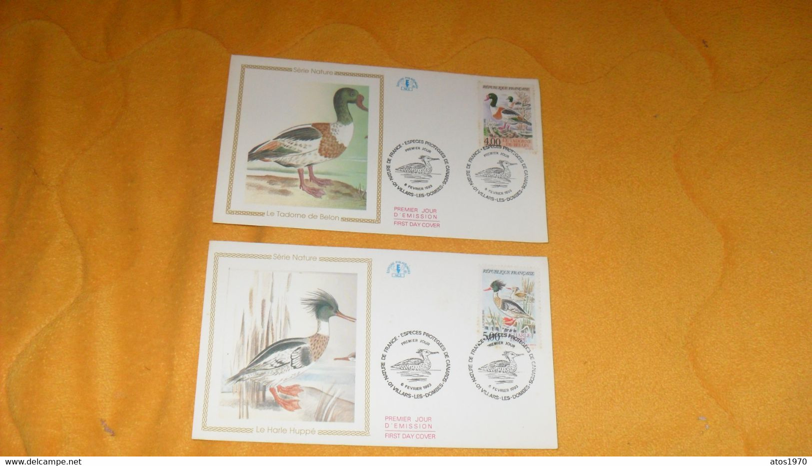 LOT 2 ENVELOPPES FDC DE 1993../ NATURE DE FRANCE. ESPECES PROTEGEES DE CANARDS..LE HARLE HUPPE, LE TADORNE DE BELON..CAC - 1990-1999