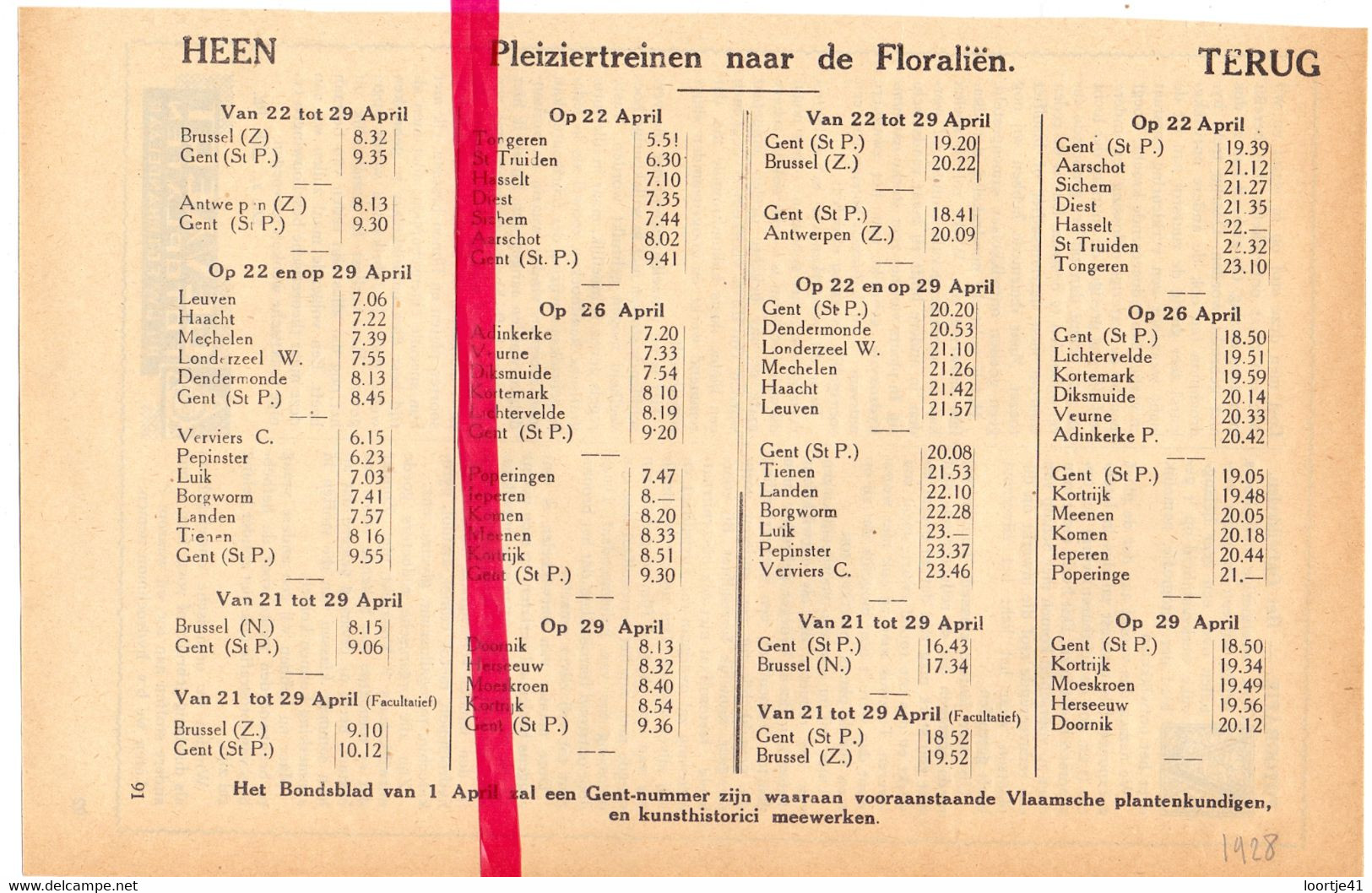 Orig. Knipsel Coupure Tijdschrift Magazine - Dienstregeling Trein Floraliën Gent - Brussel - 1928 - Europe