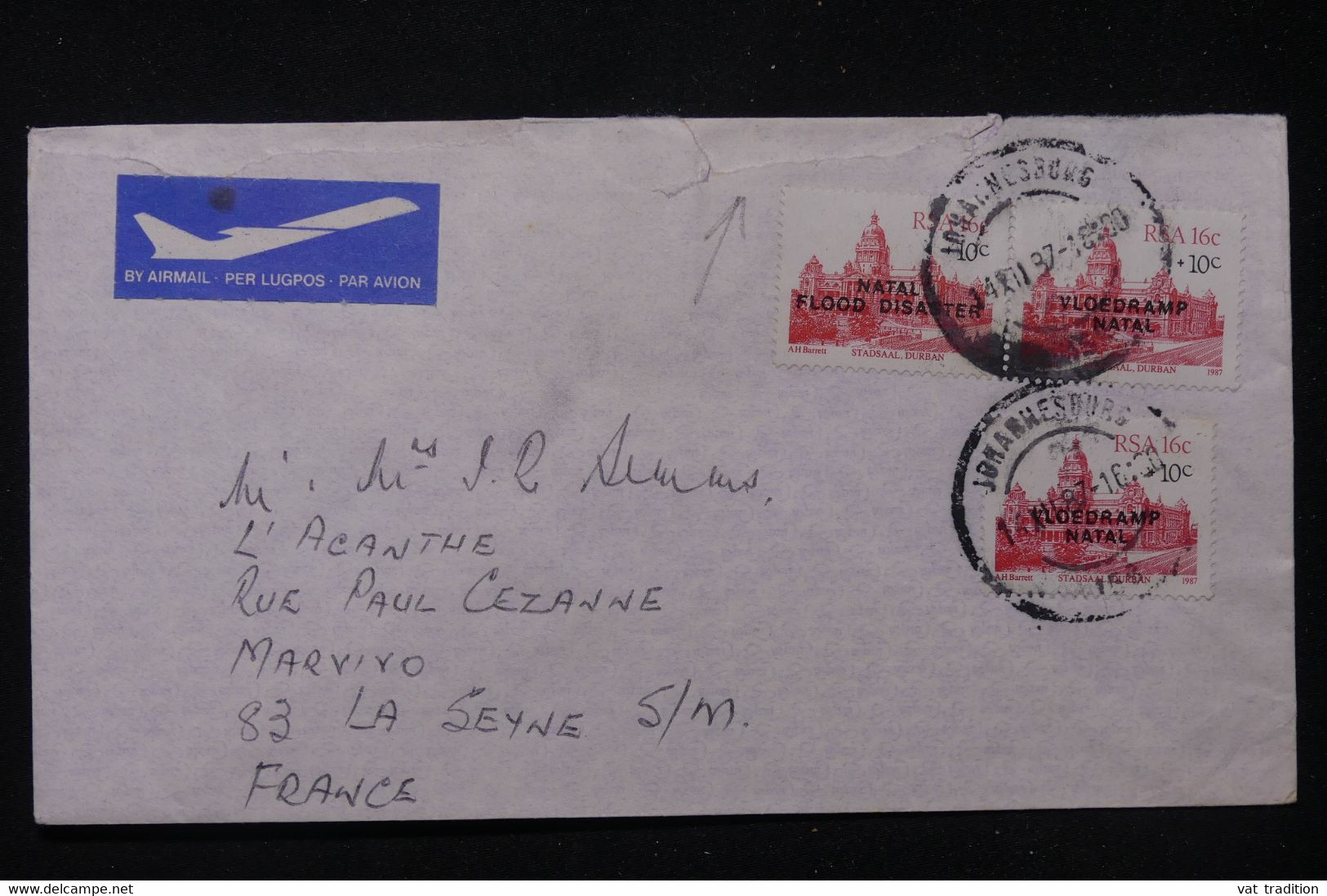 AFRIQUE DU SUD - Affranchissement Surchargé Natal Sur Enveloppe De Johannesburg Pour La France En 1987 - L 91986 - Cartas & Documentos