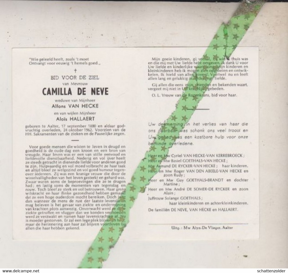 Camilla De Neve-Van Hecke-Hallaert, Aalter 1880, 1962 - Avvisi Di Necrologio