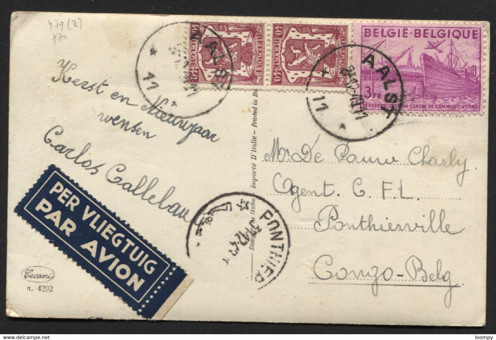 AGENCE AALST *11* S/CP PAR AVION (non Recommandé!) Vers Le Congo 1949. Combinaison Rare Et Indice F!!. TB. Alost (x256) - 1948 Exportación