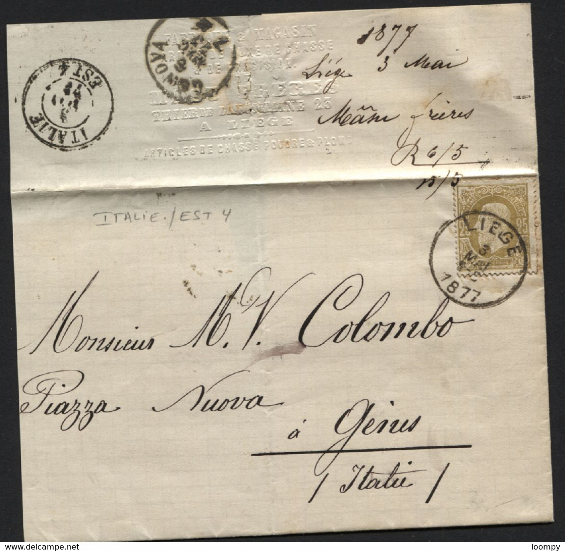 N°32 Obl. LIEGE S/lettre Vers L'Italie 1877 + Verso Dc ITALIE/EST 4 (x257) - Bureaux De Passage