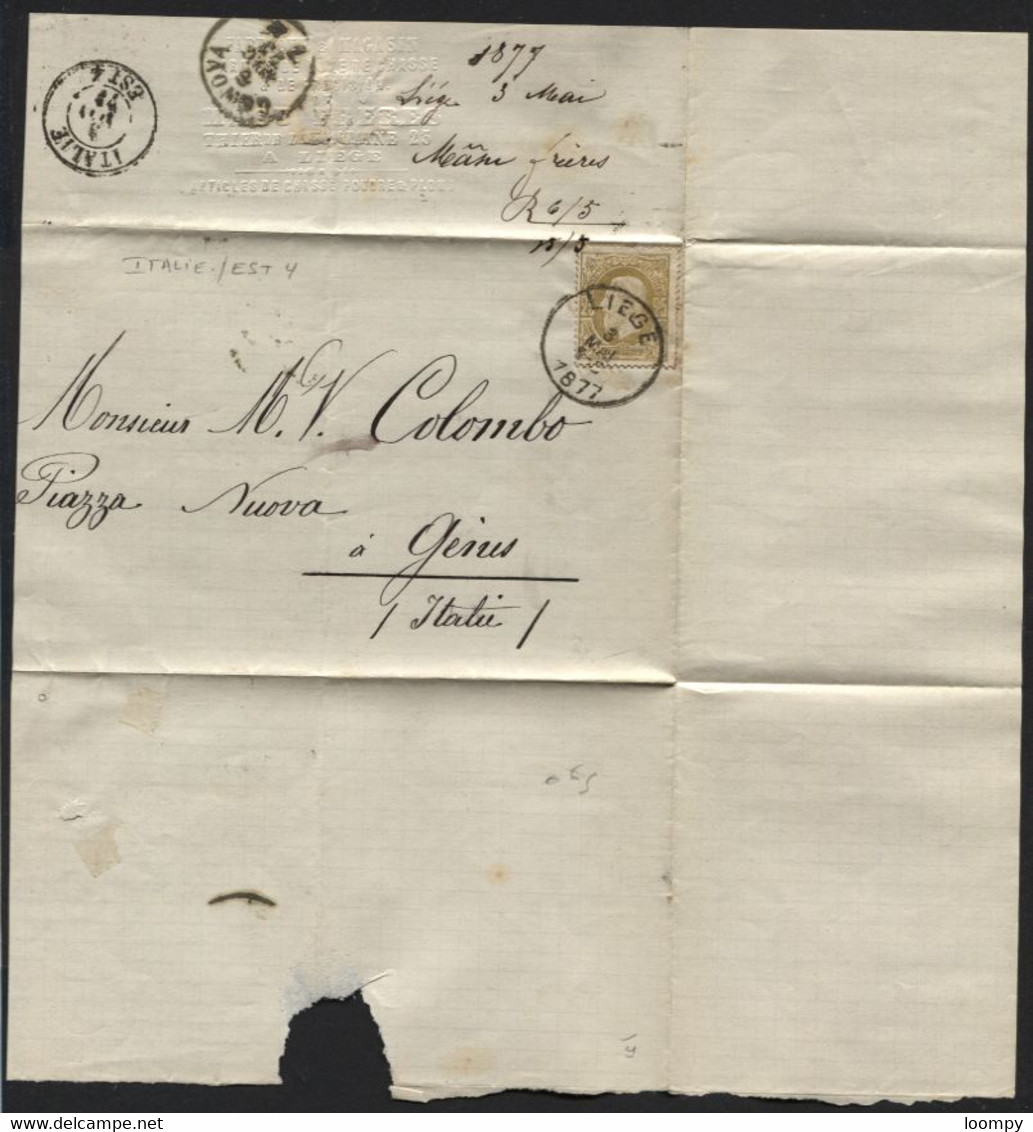 N°32 Obl. LIEGE S/lettre Vers L'Italie 1877 + Verso Dc ITALIE/EST 4 (x257) - Bureaux De Passage