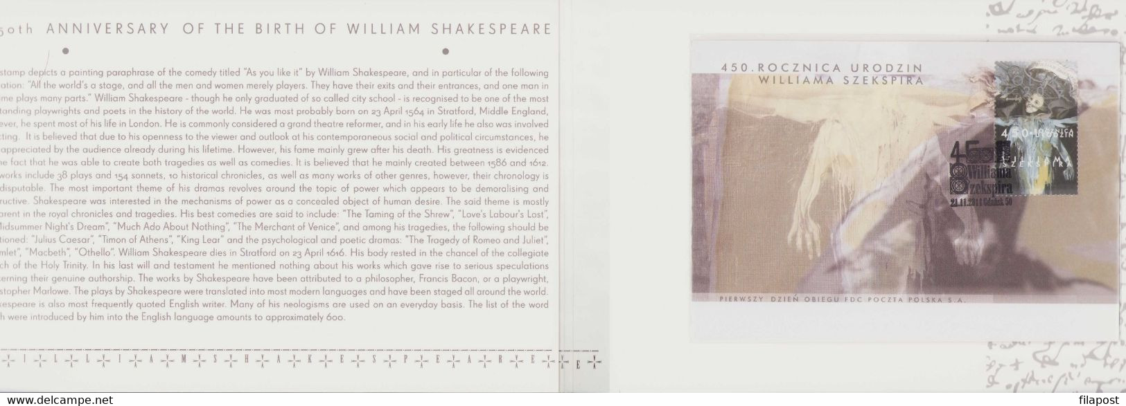 Poland 2014 Booklet / William Shakespeare, English Poet, Playwright, Actor, Art / FDC + Postcard + Stamp MNH**FV - Booklets