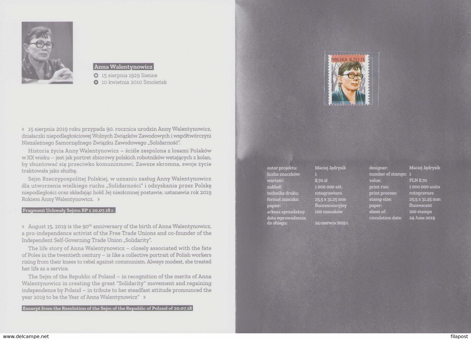 POLAND 2019 Souvenir Booklet / Merit Anna Walentynowicz, Solidarity Movement, Independence / With Stamp MNH**FV - Markenheftchen