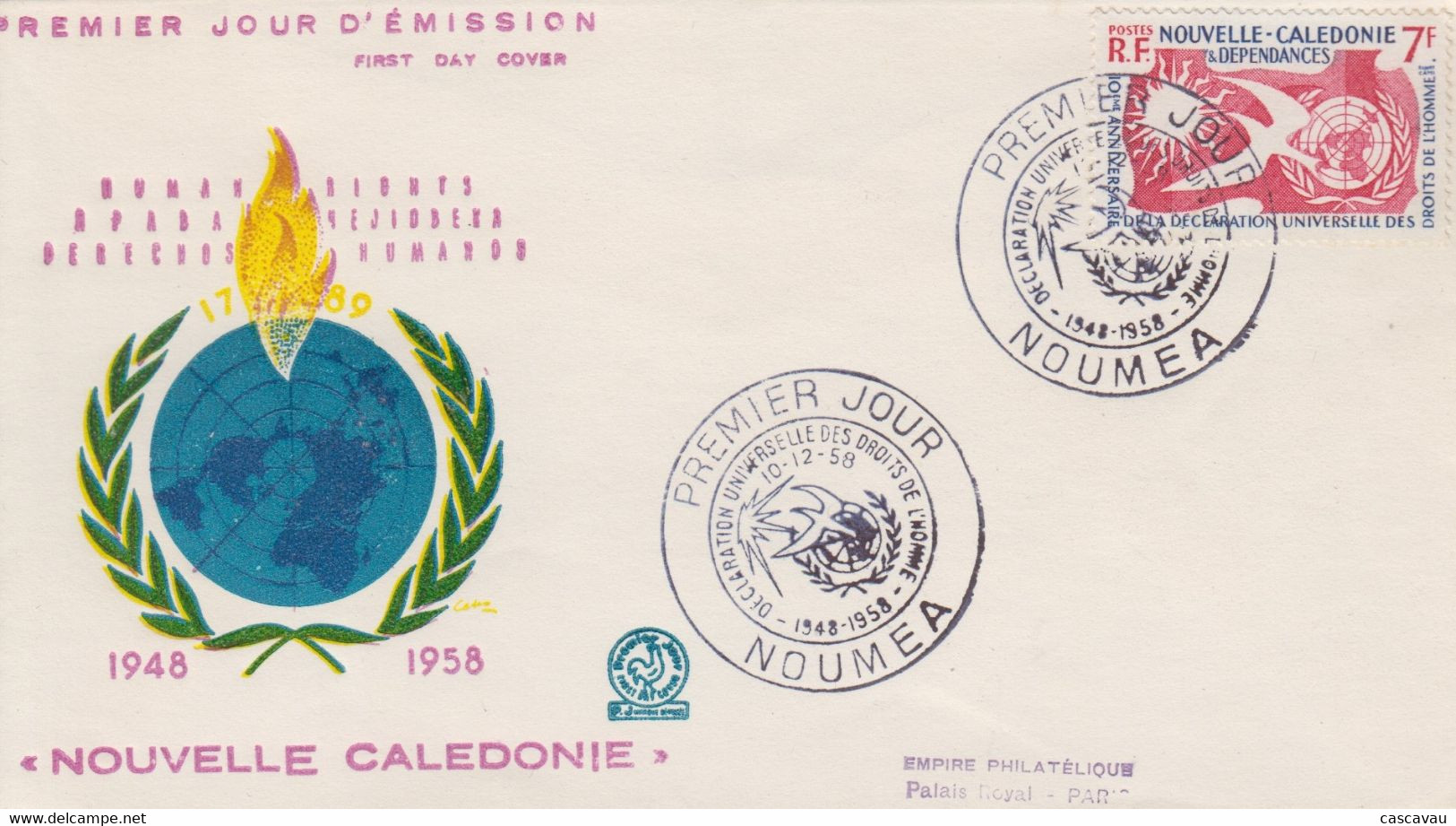 Enveloppe  FDC  1er  Jour   NOUVELLE  CALEDONIE  10éme  Anniversaire   Déclaration  Des  Droits  De  L' Homme  1958 - FDC