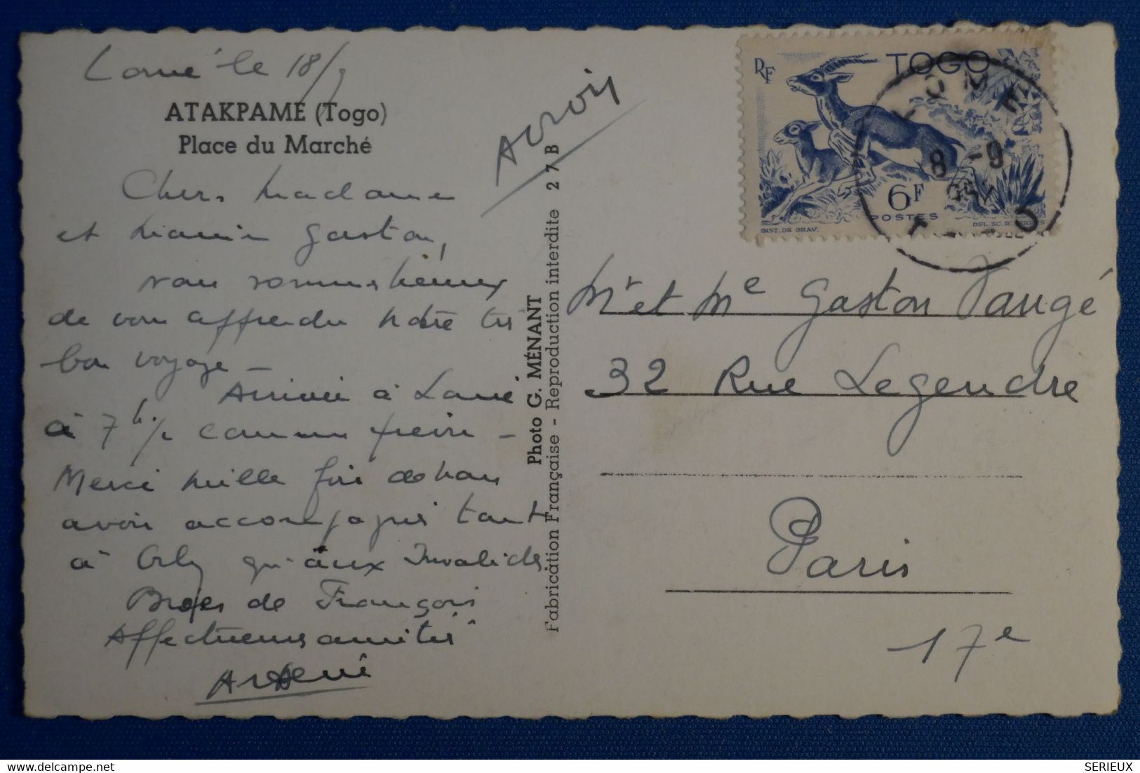 M9 TOGO BELLE CARTE 1952 PAR AVION LOME POUR PARIS FRANCE+AFFRANCHISSEMENT INTERESSANT - Briefe U. Dokumente