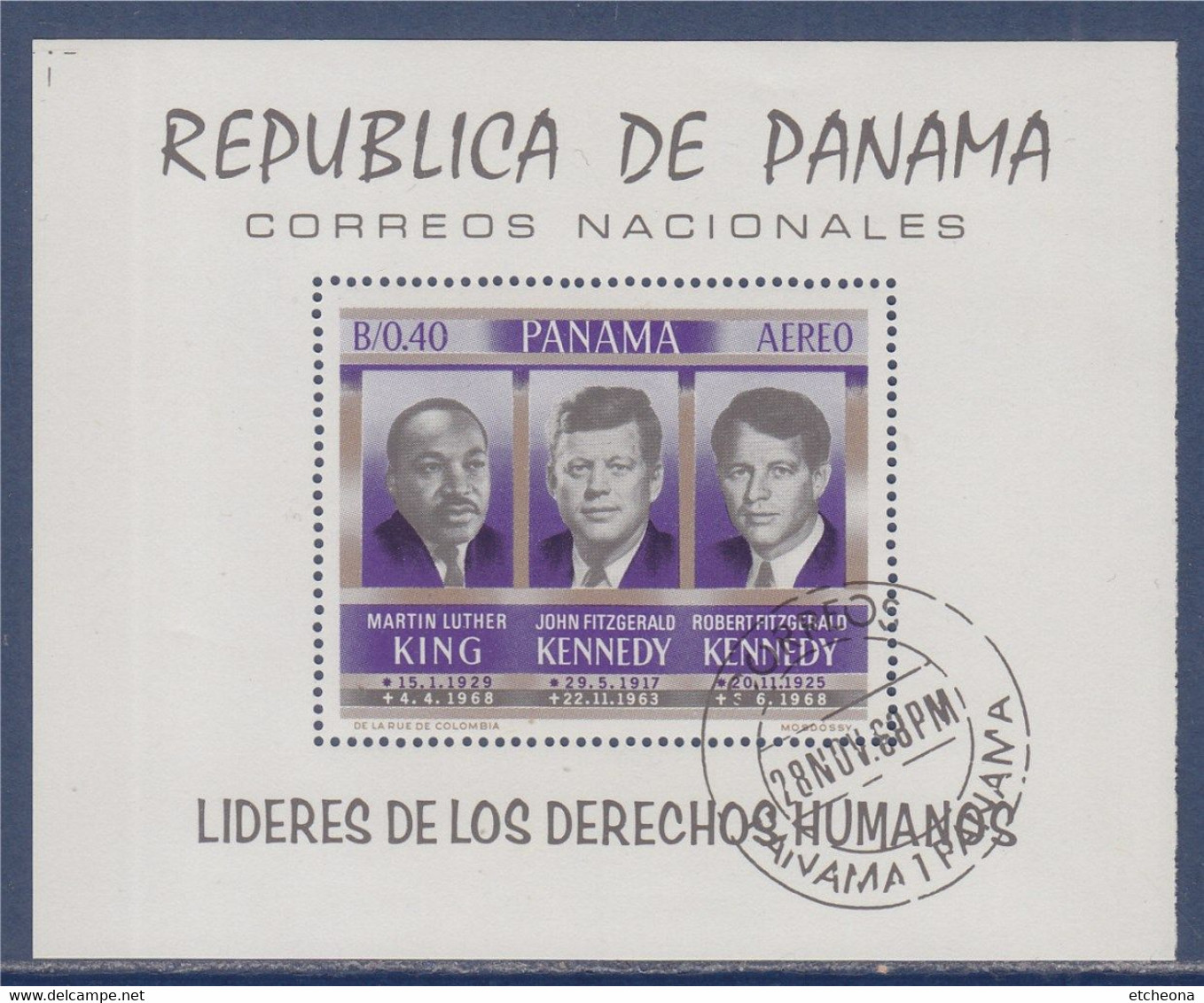 Leaders Des Droits De L'Homme Bloc 1 Timbre Dentelé Oblitéré Panama 28.11.68 Luther King, John Kennedy & Robert Kennedy - Martin Luther King