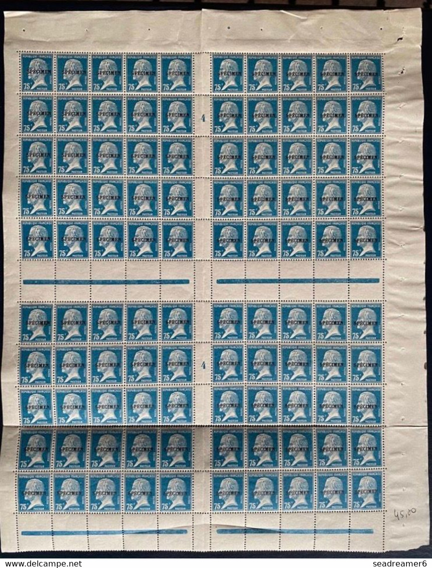 FRANCE Cours D'instructions N°177 CI 1 Spécimen Pasteur 75c Bleu Feuille Fraicheur Postale RR (cote Yvert : + 3926 €) - Specimen