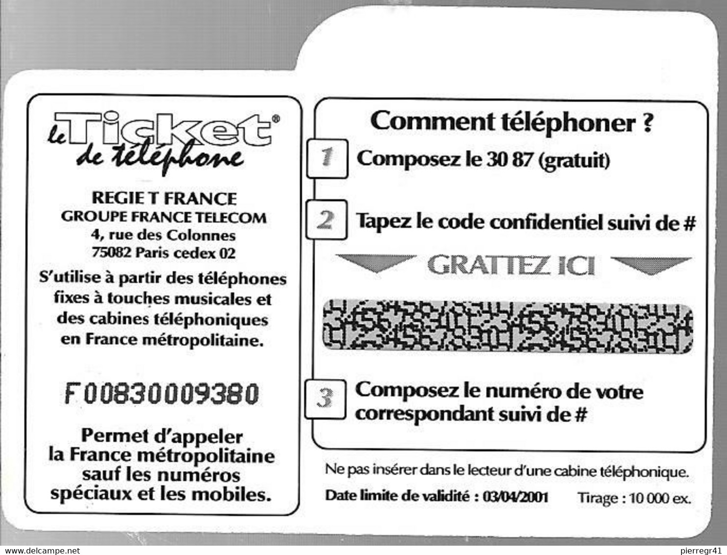 TICKET² TELEPHONE-PRIVE-FRANCE-TK-PR64-3Mn-La COTE En Poche-VOEUX 2001-Neuf-TBE/RARE - FT