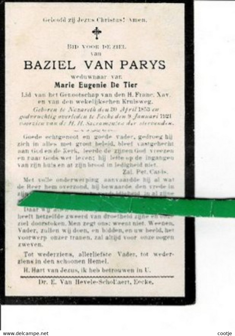 Baziel Van Parys Wed Marie De Tier O Nazareth 1853 + Eke 1921 - Devotieprenten