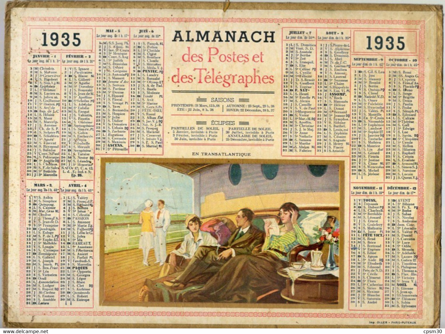 CALENDRIER GF 1935 - Repos En Transatlantique, Imprimerie Oller Puteaux - Groot Formaat: 1921-40