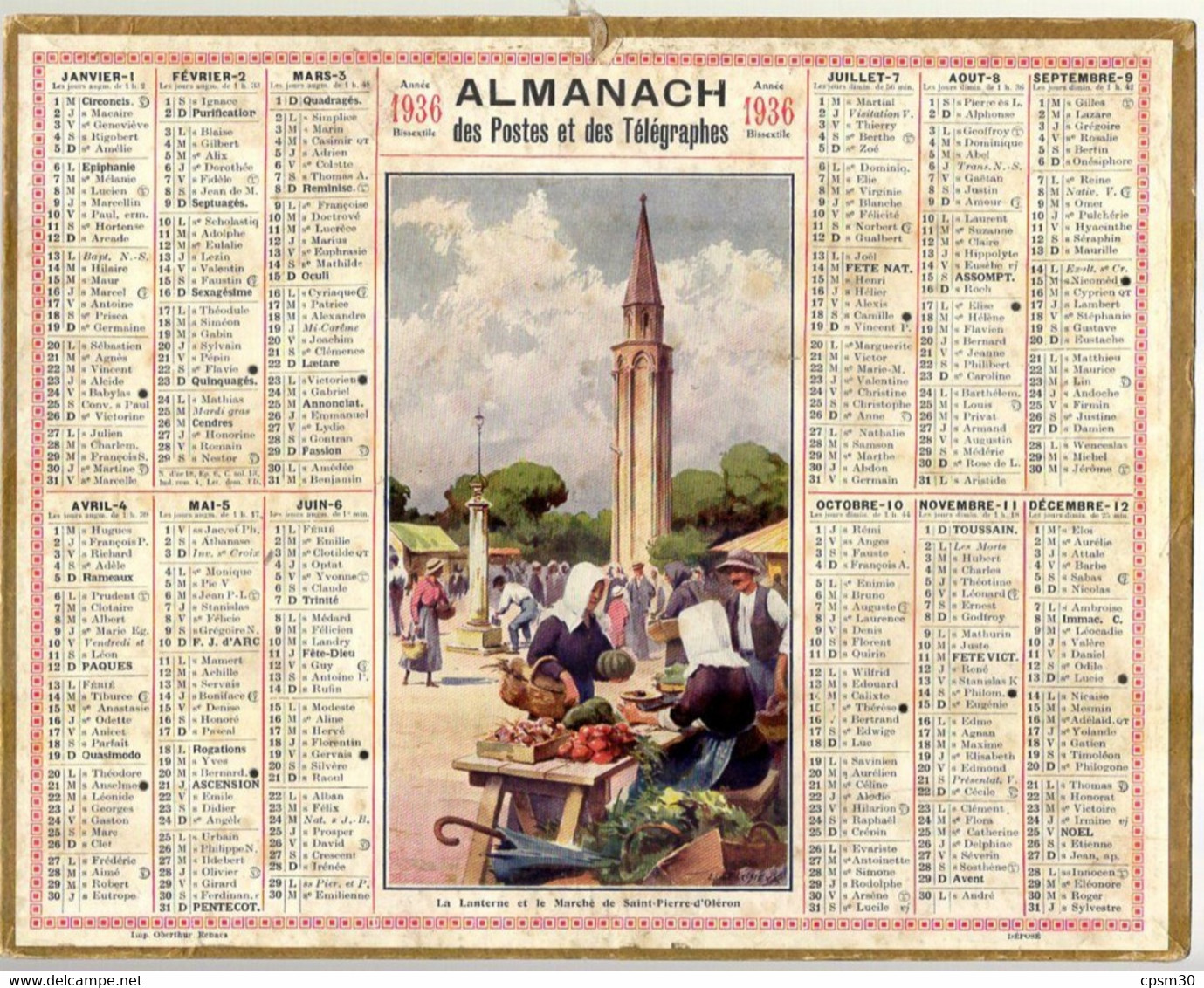 CALENDRIER GF 1936 - La Lanterne Et Le Marché De St-Pierre-d 'Oléron, Imprimeur Oberthur Rennes - Groot Formaat: 1921-40