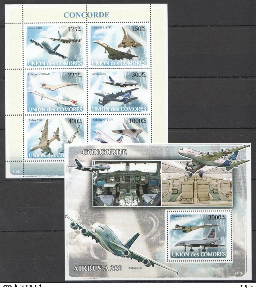 UC109 2008 UNION DES COMORES AVIATION CONCORDE AIRBUS A380 1KB+1BL MNH - Concorde