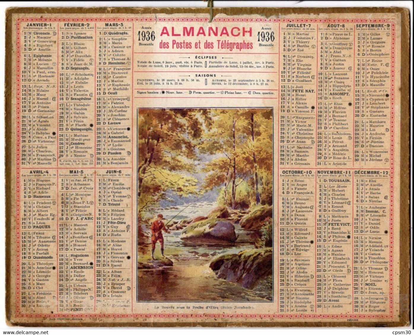 CALENDRIER GF 1936 - La Pèche La Rouvre Sous La Roche D'Oetre (basse Normandie), Imprimeur Oberthur Rennes - Grand Format : 1921-40