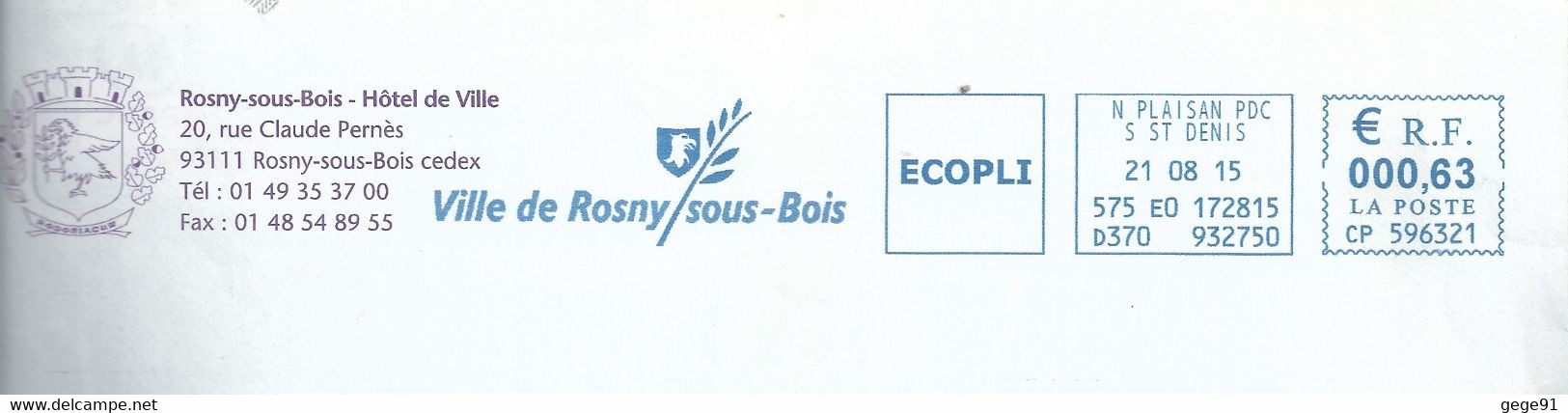 Ema Pitney Bowes _ Ville De Rosny Sous Bois - Tête D'aigne - Rameau D'olivier - Enveloppe Entière - Adler & Greifvögel