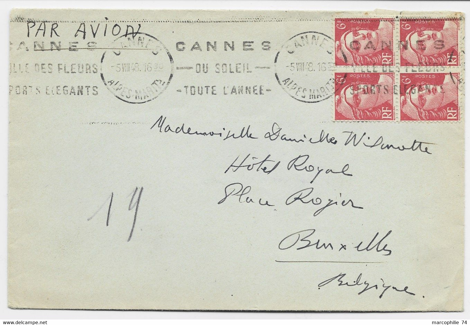 GANDON 6FR N° 721 A BLOC DE 4 LETTRE AVION CANNES 5. VIII.1948 POUR BELGIQUE AU TARIF - 1945-54 Marianne Of Gandon