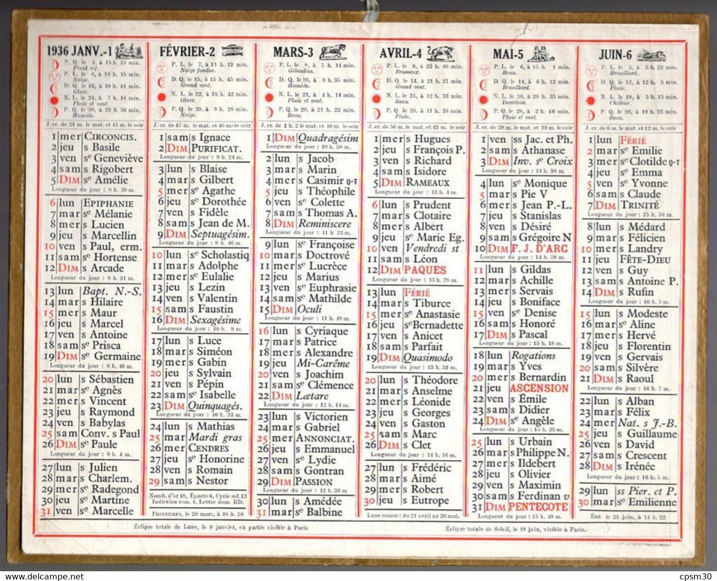 CALENDRIER GF 1936 - Sans Texte Et Sans Photo-image, édition Des P&T - Grand Format : 1921-40