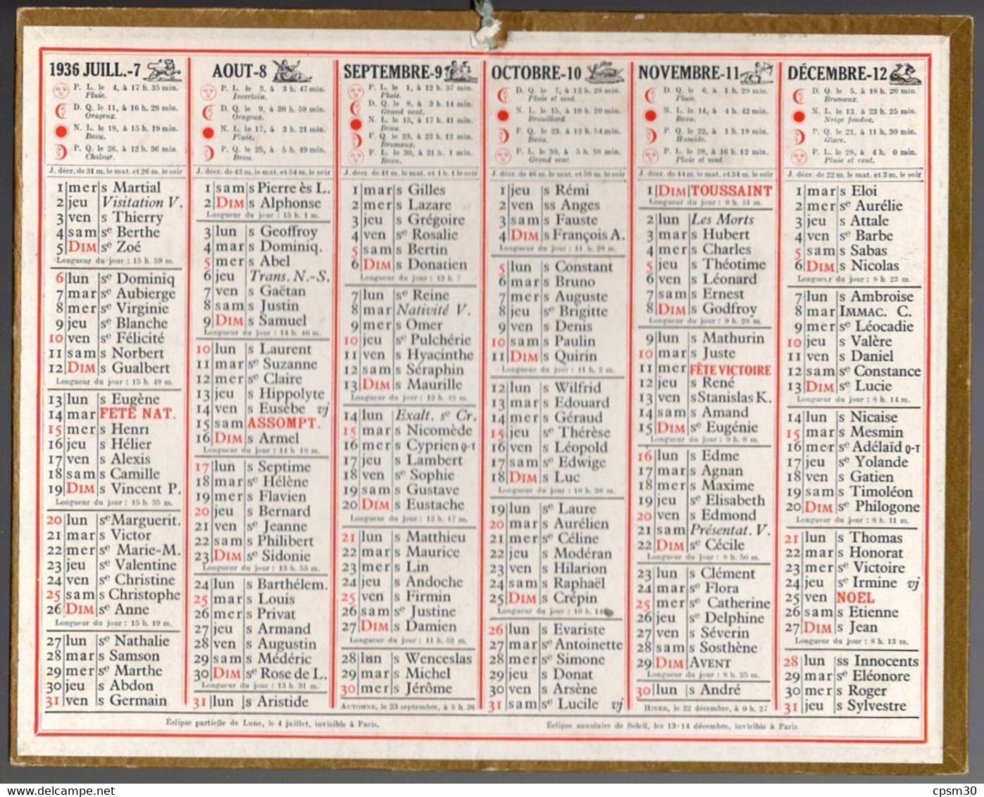 CALENDRIER GF 1936 - Sans Texte Et Sans Photo-image, édition Des P&T - Groot Formaat: 1921-40