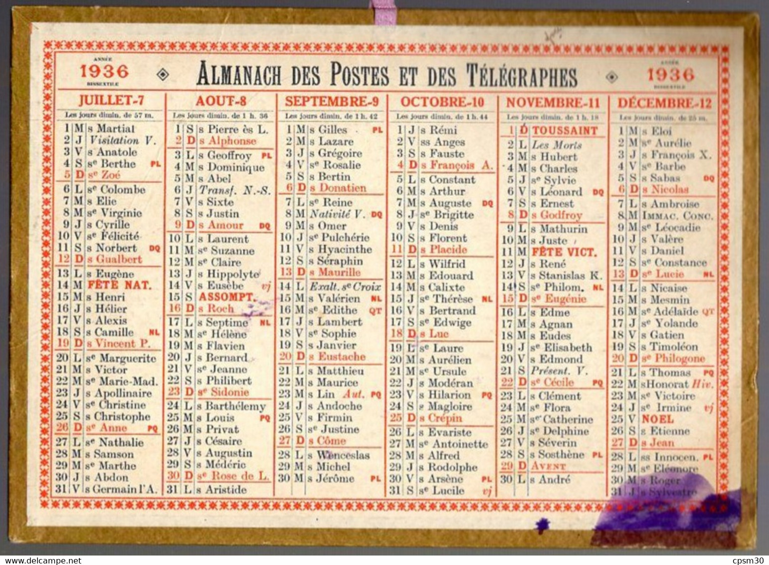 CALENDRIER GF 1936 - Sans Texte Et Sans Photo-image, édition Des P&T - Grand Format : 1921-40