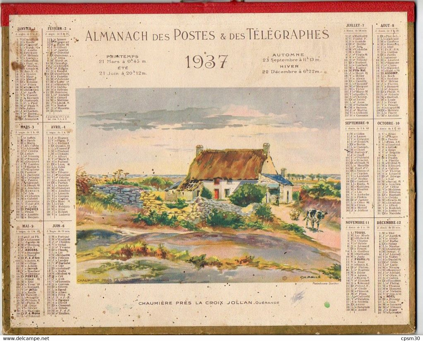 CALENDRIER GF 1937 - Chaumière Près Lka Croix Jollan (Guérande), Imprimeur Oberthur Rennes, Calendrier Double - Grand Format : 1921-40