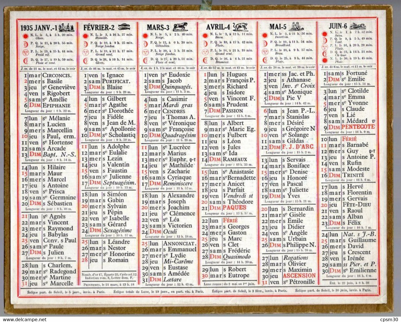 CALENDRIER GF 1935 - Sans Texte Et Sans Photo-image, édition Des P&T - Grossformat : 1921-40