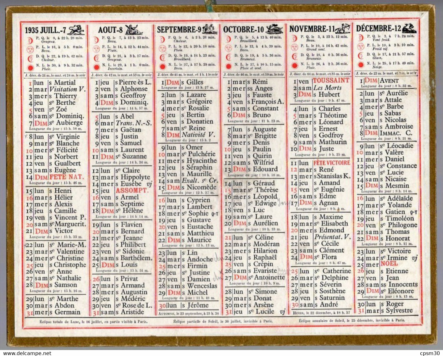 CALENDRIER GF 1935 - Sans Texte Et Sans Photo-image, édition Des P&T - Big : 1921-40