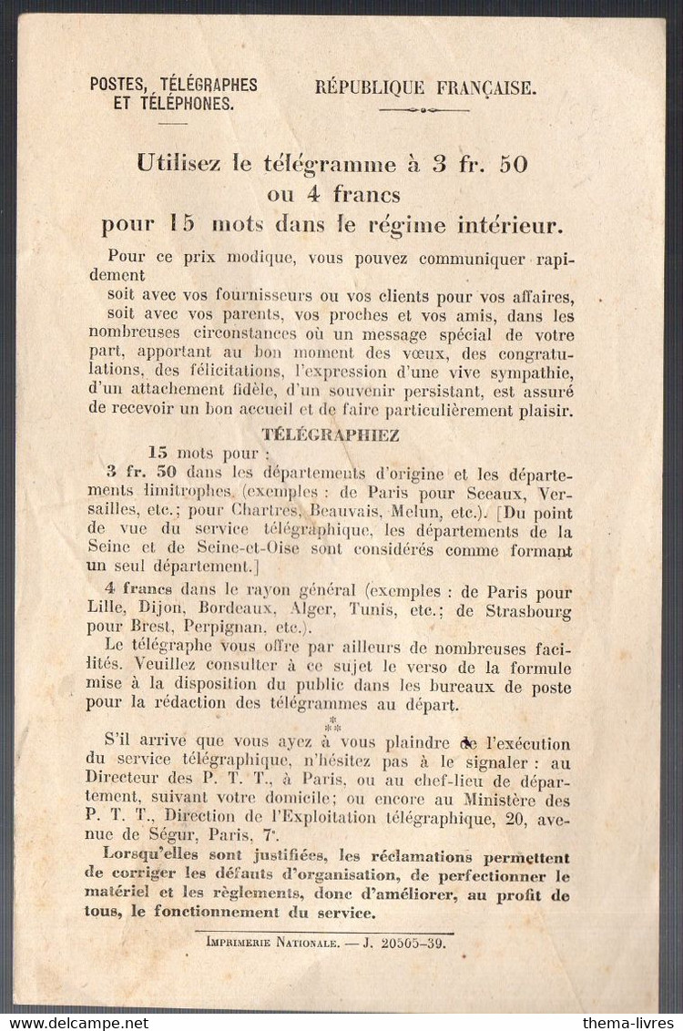 La Poste 1939 : "utilisez Le Télégramme à 3f50..."  (PPP27541) - Administrations Postales