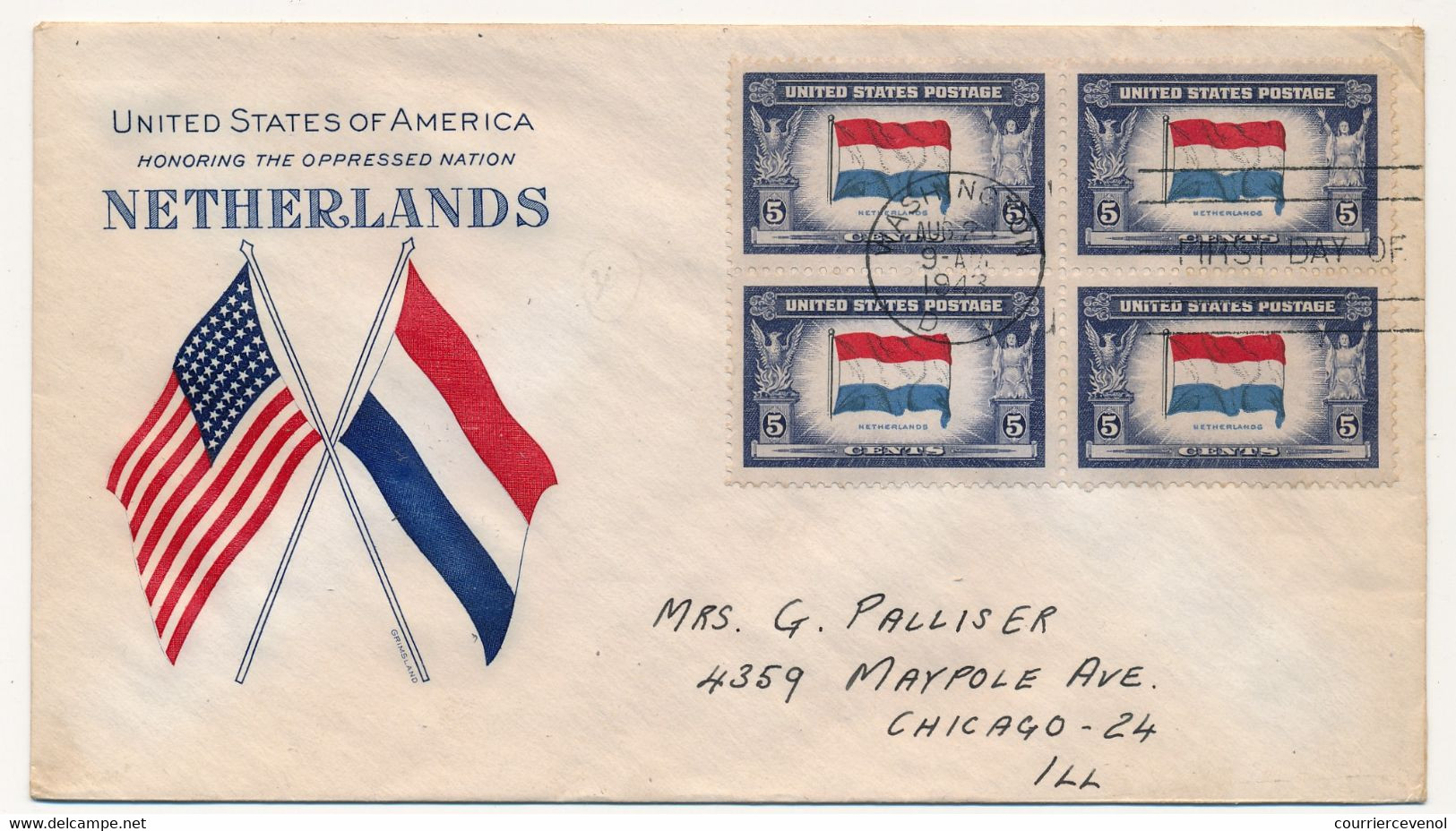 USA / PAYS BAS - Enveloppe FDC Honneur à La Nation Oppressée NETHERLANDS - 1943 - Bloc De Quatre - WW2