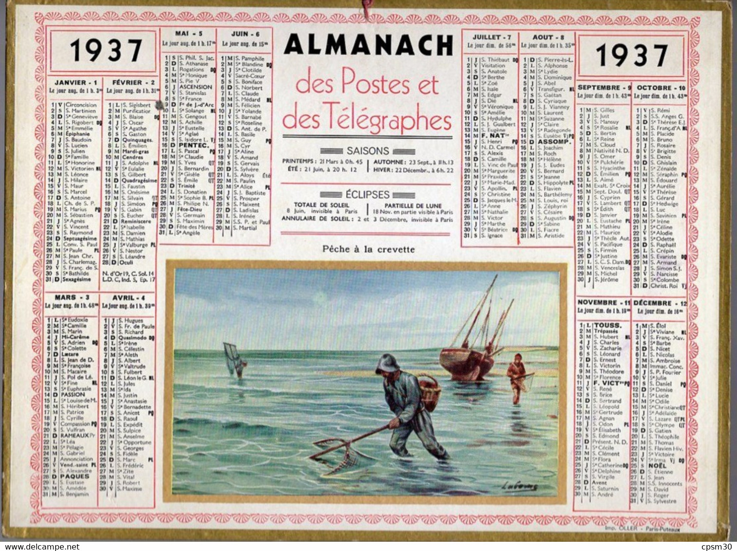 CALENDRIER GF 1937 - Pèche à La Crevette, Dessin De ??Labome??, Imprimeur Oller Puteaux - Groot Formaat: 1921-40