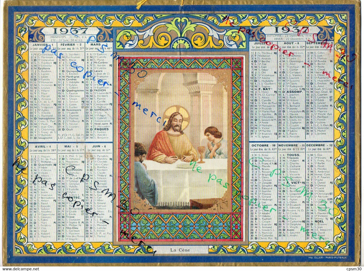 CALENDRIER GF 1937 - La Cène, Imprimeur Oller Puteaux - Grand Format : 1921-40