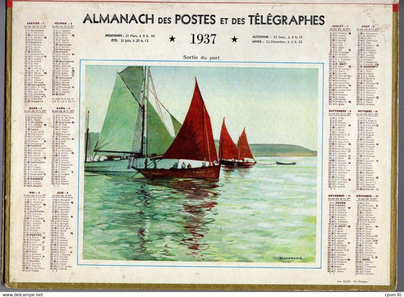 CALENDRIER GF 1937 - Sortie Du Port, Dessin De D Labouré, Imprimeur Oller Puteaux (calendrier Double) - Big : 1921-40