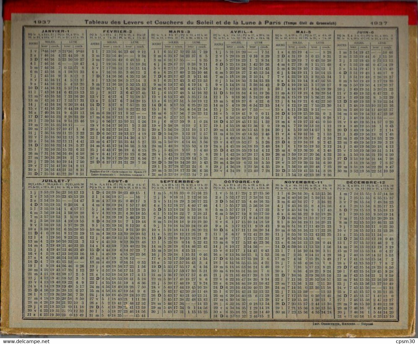 CALENDRIER GF 1937 - Rencontre Imprévue, Lapin En Promenade, Imprimeur Oberthur Rennes, Calendrier Double - Big : 1921-40