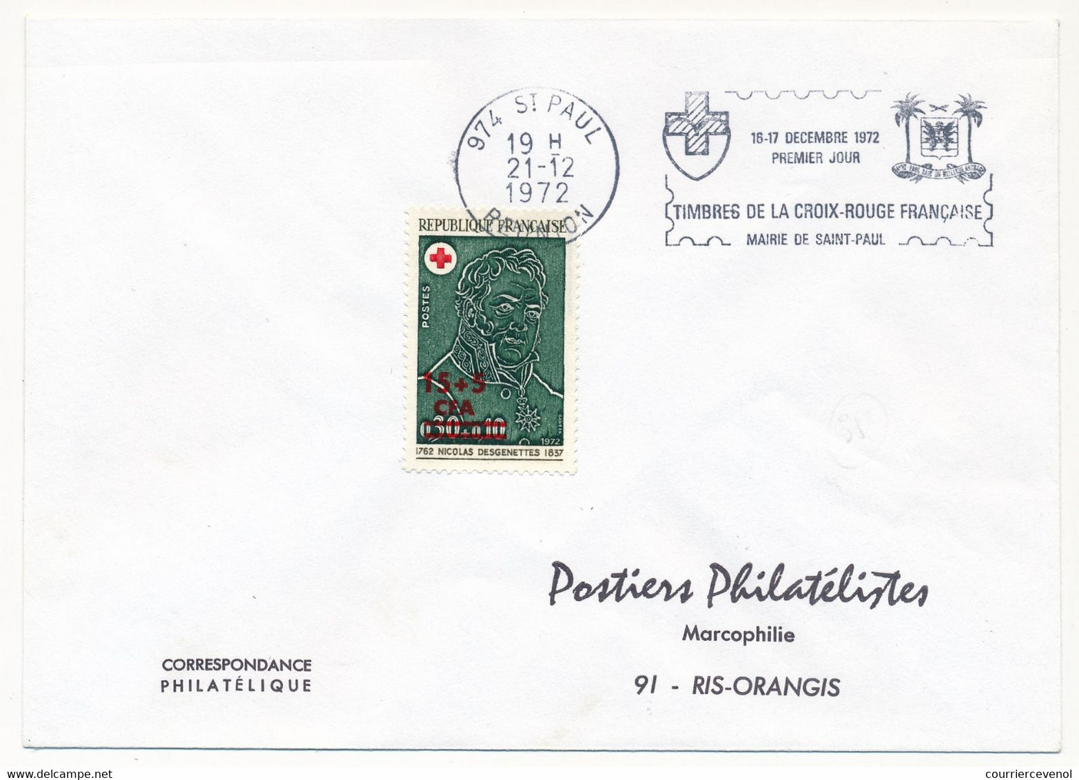 REUNION - Enveloppe Affr 15F + 5F Nicolas Desgenettes - OMEC Croix Rouge De St Paul 1972 - Covers & Documents