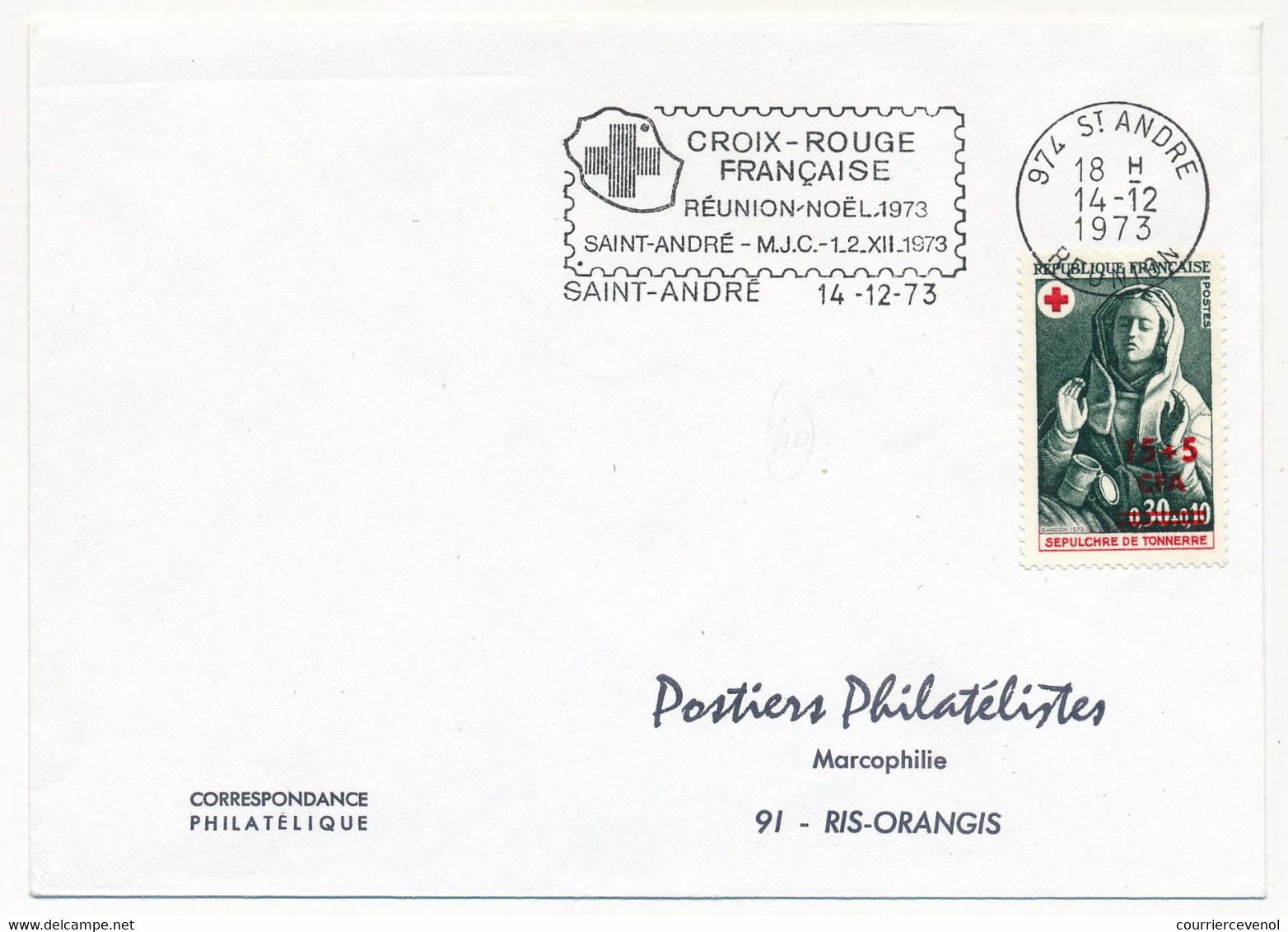 REUNION - Enveloppe Affr 15F + 5F Sépulcre De Tonnerre - OMEC Croix Rouge De St André 1973 - Cartas & Documentos