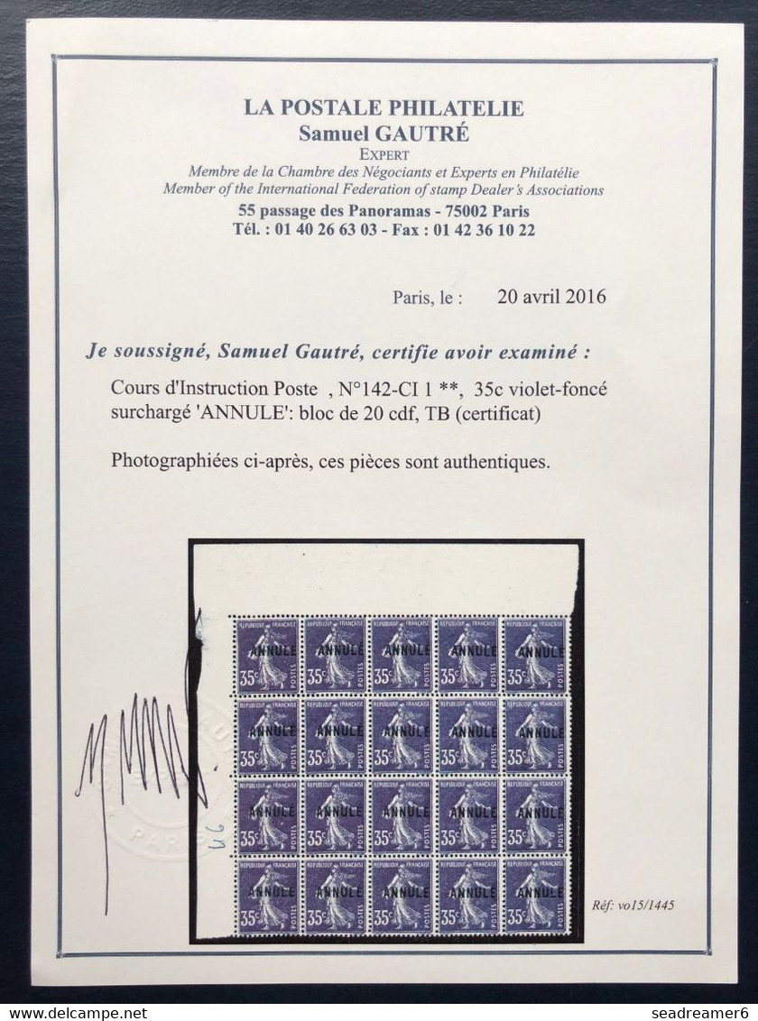 FRANCE Cours D'instructions N°142 CI 1 Semeuse ANNULE 35c Violet Bloc De 20 Fraicheur Postale TTB Certificat - Specimen