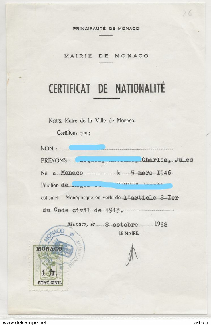 TIMBRES FISCAUX DE MONACO TIMBRE ETAT CIVIL MAIRIE DE MONACO N°26  1F Vert  Papier Blanc De 1968 - Fiscales