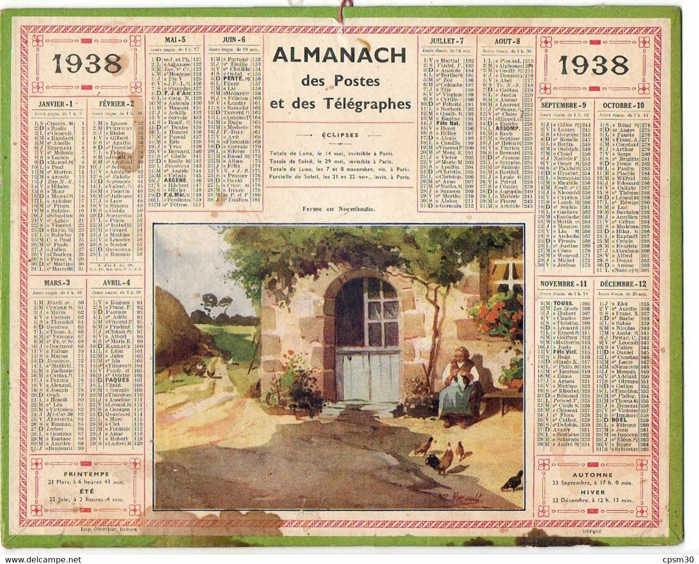 CALENDRIER GF 1938 - Ferme En Normandie, Dessin De M Renault, Imprimeur Oberthur Rennes - Grand Format : 1921-40