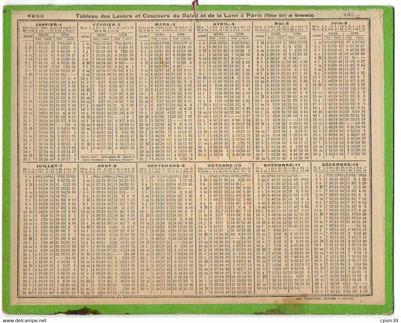 CALENDRIER GF 1938 - Ferme En Normandie, Dessin De M Renault, Imprimeur Oberthur Rennes - Groot Formaat: 1921-40