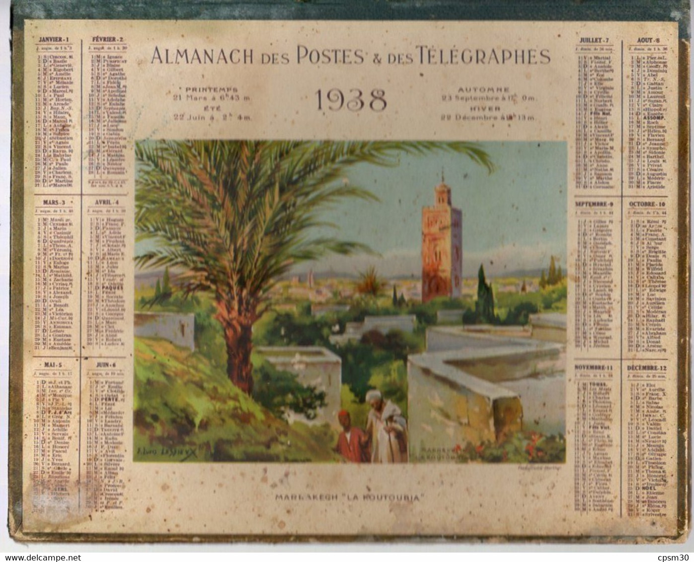 CALENDRIER GF 1938 - Marrakech, La Koutoubia, Imprimeur Oberthur Rennes, Calendrier Double - Big : 1921-40