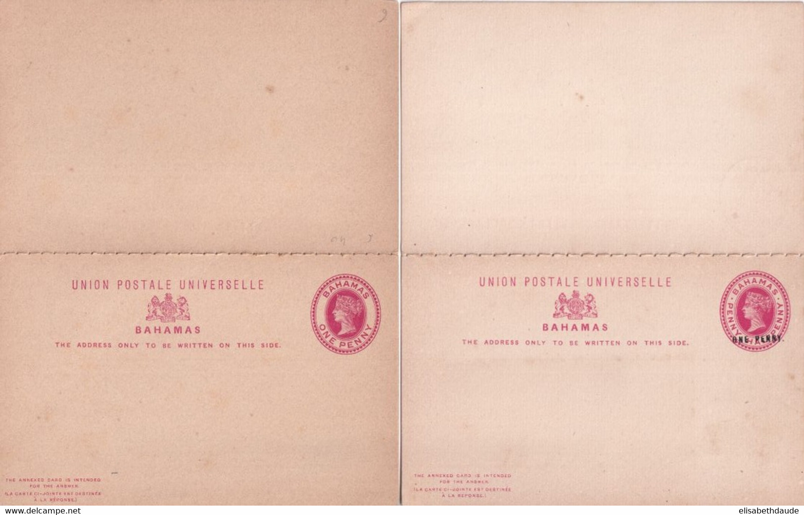 BAHAMAS - ENTIERS POSTAUX - 2 CARTES AVEC REPONSE PAYEE NEUVES - 1859-1963 Kolonie Van De Kroon