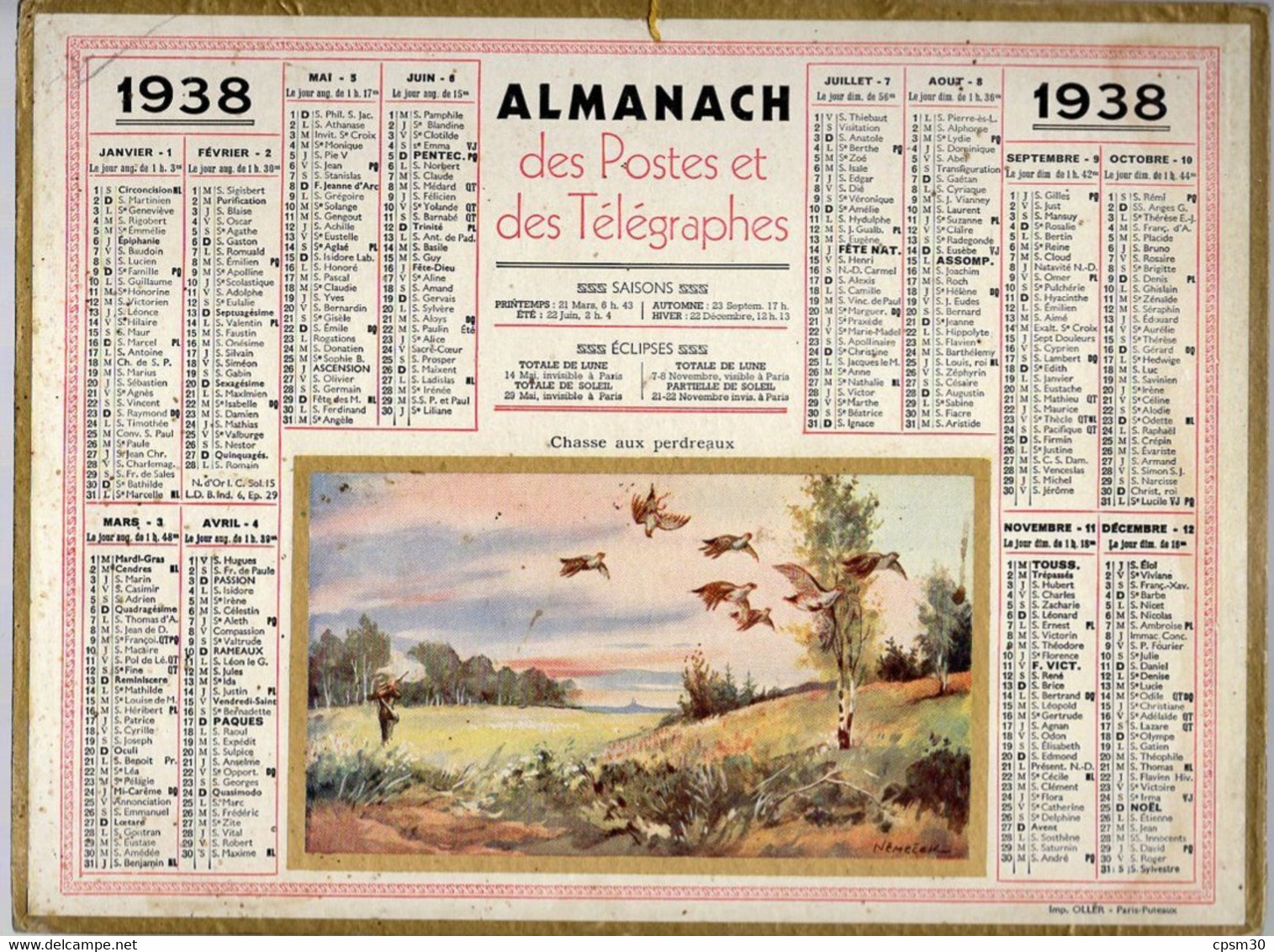 CALENDRIER GF 1938 - Chasse Aux Perdreaux, Dessin De Némecek, Imprimeur Oller Puteaux - Grand Format : 1921-40