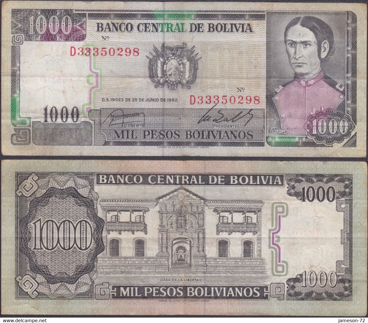 BOLIVIA - 1000 Pesos Bolivianos 1982 P# 167a America Banknote - Edelweiss Coins - Bolivie