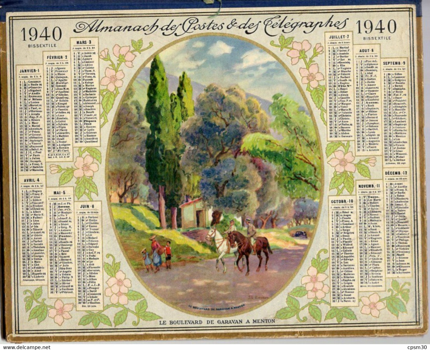 CALENDRIER GF 1940 - Boulevard De Garavan à Menton (en Médaillon) , Imprimeur Oberthur Rennes (calendrier Double) - Big : 1921-40